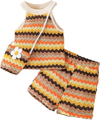 Baby Girls' Chevron Halter Outfit – Sleeveless Top & Shorts Set with Daisy Detail for 6M-3Y Toddler Summer Clothes in Saudi Arabia