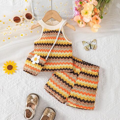 Baby Girls' Chevron Halter Outfit – Sleeveless Top & Shorts Set with Daisy Detail for 6M-3Y Toddler Summer Clothes in Saudi Arabia