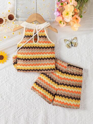 Baby Girls' Chevron Halter Outfit – Sleeveless Top & Shorts Set with Daisy Detail for 6M-3Y Toddler Summer Clothes in Saudi Arabia