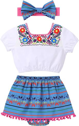 IWEMEK Baby Girl Mexican Embroidery Floral Short Sleeve T Shirt Top Skirt Headband Outfits Cinco De Mayo Fiesta Clothes Set in Saudi Arabia