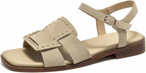 BEAU TODAY Suede Flat Sandals for Women, Adjustable Ankle Strappy Sandals for Women, Comfortable Dressy Open-Toe Vacation Beach Sandals for Spring Summer in Kuwait