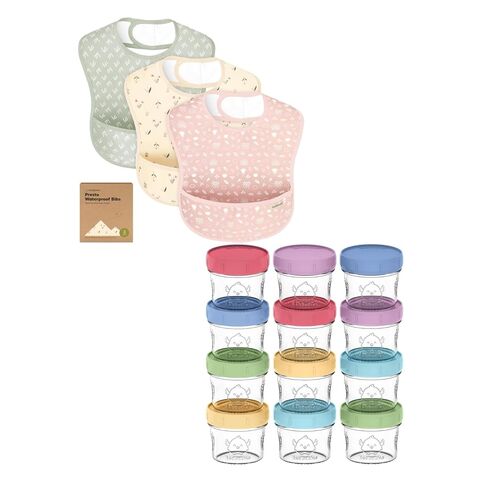 Keababies 3-Pack Waterproof Baby Bibs for Eating and 12-Pack Baby Food Glass Containers - Lightweight Baby Bib with Food Catcher - 4 oz Leak-Proof, Microwavable, Baby Food Storage Container in Kuwait