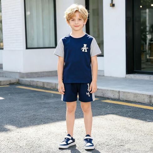 Boys Color Block Shorts Set Summer Two Piece Outfit Kids Short Sleeve Splicing T-Shirt and Bottoms Activewear Sports Clothes in Kuwait