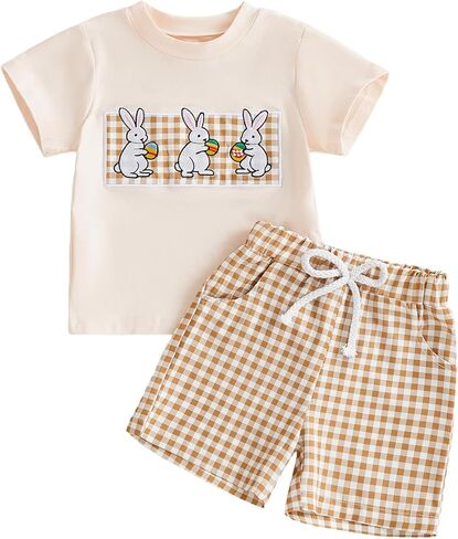 Baby Boys Easter 2 Piece Outfits Short Sleeve Round Neck Rabbit Embroidery Tops and Plaid Shorts Set in Saudi Arabia