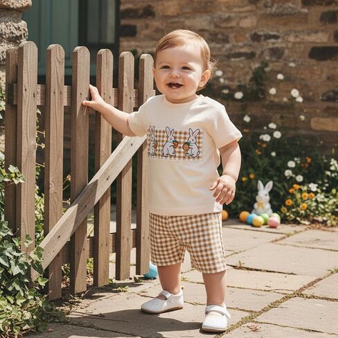Baby Boys Easter 2 Piece Outfits Short Sleeve Round Neck Rabbit Embroidery Tops and Plaid Shorts Set in Saudi Arabia