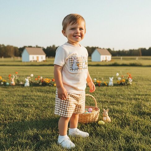Baby Boys Easter 2 Piece Outfits Short Sleeve Round Neck Rabbit Embroidery Tops and Plaid Shorts Set in Saudi Arabia