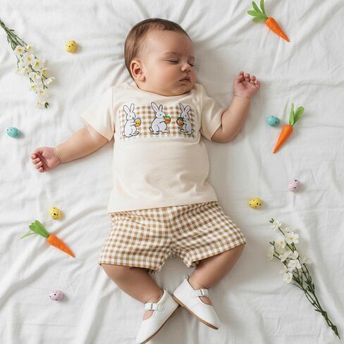 Baby Boys Easter 2 Piece Outfits Short Sleeve Round Neck Rabbit Embroidery Tops and Plaid Shorts Set in Saudi Arabia