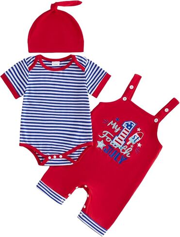 My 1st 4th of July Baby Boy Outfit Striped Short Sleeve Romper Embroidered Overall Shorts Hat Set Patriotic Clothes in Kuwait