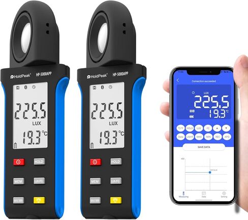 مقياس الإضاءة مع بلوتوث قطعتين، مقياس شموع القدم الرقمية HOLDPEAK من 0.1 إلى 400,000 لوكس مع مستشعر دوار 270 درجة، مقياس التجويف متر للنباتات، المصابيح الأمامية للسيارة، مصابيح LED للمنزل والمكتب in Kuwait