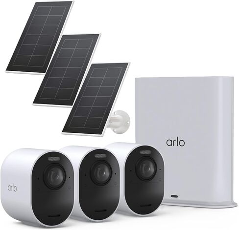 نظام كاميرا Arlo Ultra 2 WiFi Security Camera 4K HDR 3 مع 3 حزم من الألواح الشمسية باللون الأسود وSmartHub (متجدد) in Kuwait
