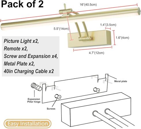 Yuichoy 2 Pack Picture Light Battery Operated for Wall, 16" Wireless Display Art Lighting for Painting with Remote, Dimmable 5200mAh Picture Frame Lights for Gallery, Antique Brass in Saudi Arabia
