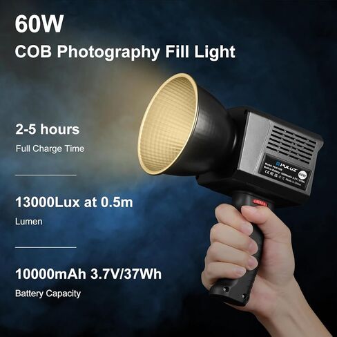 60W LED Video Light, PULUZ 2500K-6500K Dual Color Temp, 13000Lux CRI 95+ COB Fill Light with 10000mAh Rechargeable Battery & 8 Effects for Vlogging/Live Stream/Outdoor Shooting in Kuwait