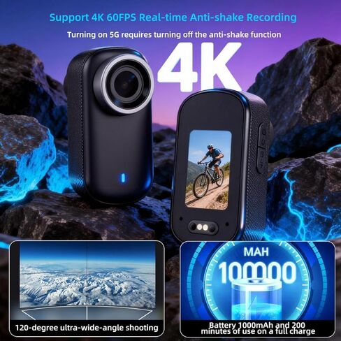 Thumb-Sized 4K Action Camera, Ultra-Portable Wearable POV Camera, 128GB, Wi-Fi, IPX7 Waterproof, EIS, with Magnetic Helmet Mount, Chest Sports Camera for Diving, Running, Cycling, Swimming in Kuwait