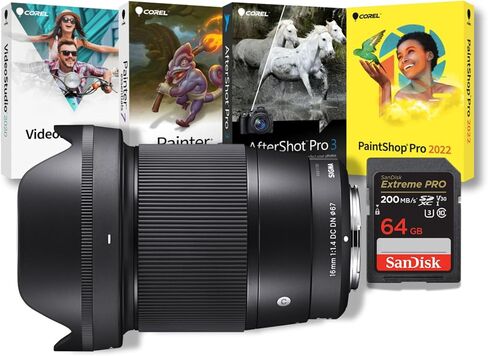 Sigma 16mm f/1.4 Contemporary DC DN Prime APS-C Sensor Multilayer Coating Hybrid AF Lens (Sony E) Bundle with Software Suite and Memory Card (3 Items) in Kuwait