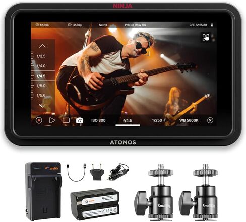 Atomos Ninja RAW Monitor/Recorder with Camera Control for HDMI & Mirrorless Cameras, 5-inch HDR Resolution with Power Battery, Charger & Aluminum Alloy 1/4" Camera Hot Shoe Mount (2 Pack), Bundle Kit in Kuwait