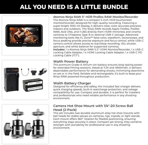 Atomos Ninja RAW Monitor/Recorder with Camera Control for HDMI & Mirrorless Cameras, 5-inch HDR Resolution with Power Battery, Charger & Aluminum Alloy 1/4" Camera Hot Shoe Mount (2 Pack), Bundle Kit in Kuwait