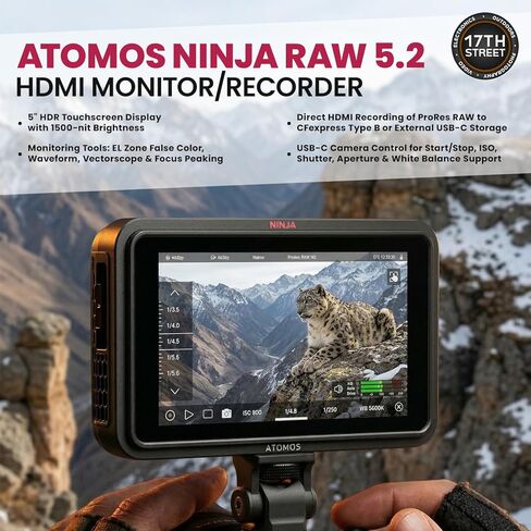 Atomos Ninja RAW Monitor/Recorder with Camera Control for HDMI & Mirrorless Cameras, 5-inch HDR Resolution with Power Battery, Charger & Aluminum Alloy 1/4" Camera Hot Shoe Mount (2 Pack), Bundle Kit in Kuwait