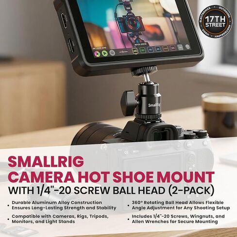 Atomos Ninja RAW Monitor/Recorder with Camera Control for HDMI & Mirrorless Cameras, 5-inch HDR Resolution with Power Battery, Charger & Aluminum Alloy 1/4" Camera Hot Shoe Mount (2 Pack), Bundle Kit in Kuwait