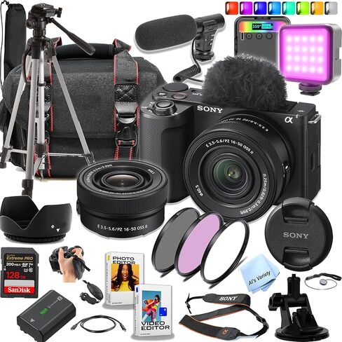 Sony ZV-E10 II Mirrorless Camera with 16-50mm Lens + 128GB Extreme Pro Memory,LED Video Light, Filters, Case, Tripod, Software - Video Accesory Bundle in Kuwait
