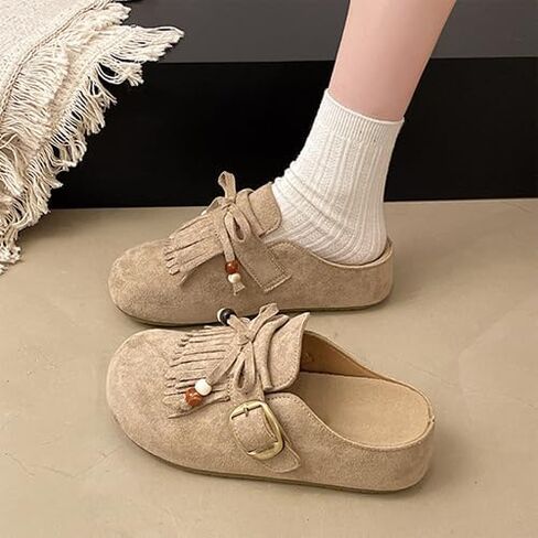 Women's Suede Tassel Moccasin Mules with Beaded Casual Comfortable Round Toe Slip On Bohemian Flat Clogs for Daily Work Anti-Slip Walking Slides in Saudi Arabia