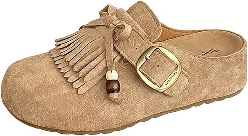Women's Suede Tassel Moccasin Mules with Beaded Casual Comfortable Round Toe Slip On Bohemian Flat Clogs for Daily Work Anti-Slip Walking Slides in Saudi Arabia