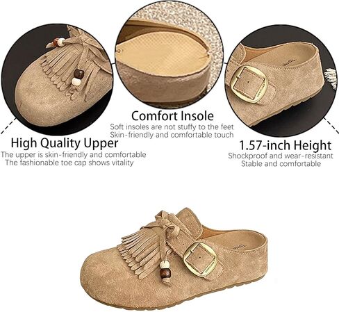 Women's Suede Tassel Moccasin Mules with Beaded Casual Comfortable Round Toe Slip On Bohemian Flat Clogs for Daily Work Anti-Slip Walking Slides in Saudi Arabia