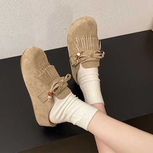 Women's Suede Tassel Moccasin Mules with Beaded Casual Comfortable Round Toe Slip On Bohemian Flat Clogs for Daily Work Anti-Slip Walking Slides in Saudi Arabia