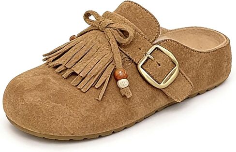 Women's Suede Tassel Moccasin Mules with Beaded Casual Comfortable Round Toe Slip On Bohemian Flat Clogs for Daily Work Anti-Slip Walking Slides in Saudi Arabia