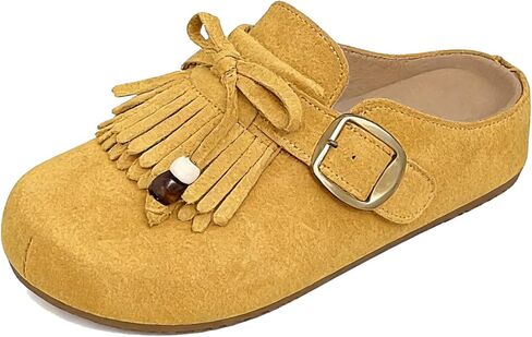 Women's Suede Tassel Moccasin Mules with Beaded Casual Comfortable Round Toe Slip On Bohemian Flat Clogs for Daily Work Anti-Slip Walking Slides in Saudi Arabia