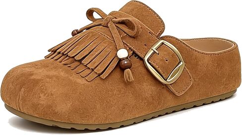Women's Suede Tassel Moccasin Mules with Beaded Casual Comfortable Round Toe Slip On Bohemian Flat Clogs for Daily Work Anti-Slip Walking Slides in Saudi Arabia