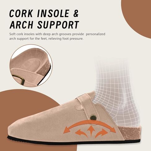 Women's Genuine Suede Clogs with Arch Support, Adjustable Buckle, Comfort Cork Footbed, Slip On Mules for Indoor Outdoor Daily Wear, Taupe in Kuwait