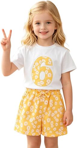 Ritatte Toddler Girl Birthday Outfit Daisy Embroidery Short Sleeve T-Shirt Bow Flower Shorts Set 2-7T Birthday Party Clothes in Saudi Arabia