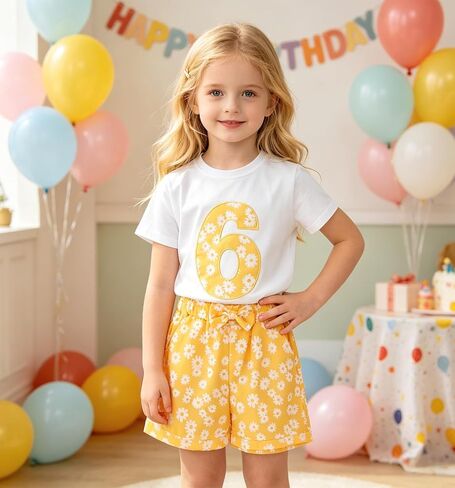 Ritatte Toddler Girl Birthday Outfit Daisy Embroidery Short Sleeve T-Shirt Bow Flower Shorts Set 2-7T Birthday Party Clothes in Saudi Arabia