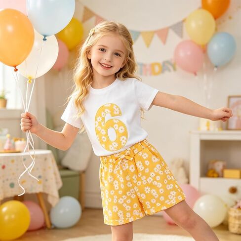 Ritatte Toddler Girl Birthday Outfit Daisy Embroidery Short Sleeve T-Shirt Bow Flower Shorts Set 2-7T Birthday Party Clothes in Saudi Arabia