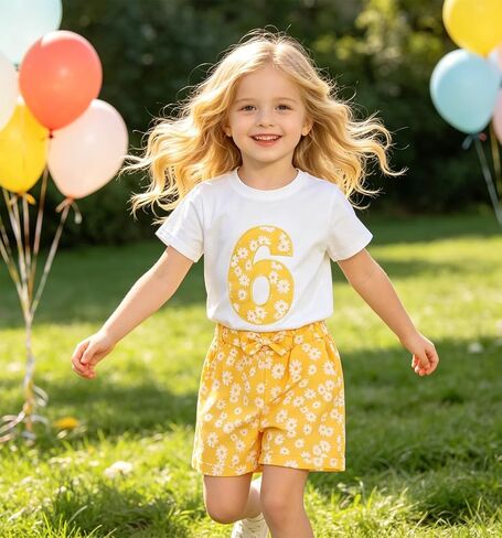 Ritatte Toddler Girl Birthday Outfit Daisy Embroidery Short Sleeve T-Shirt Bow Flower Shorts Set 2-7T Birthday Party Clothes in Saudi Arabia