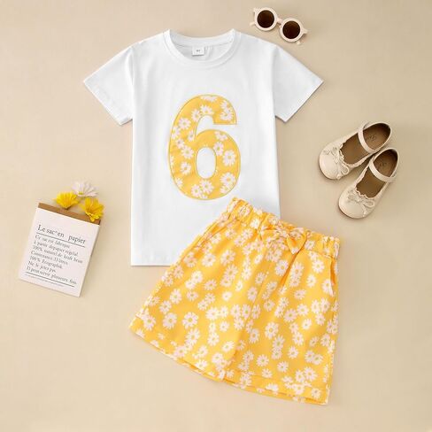 Ritatte Toddler Girl Birthday Outfit Daisy Embroidery Short Sleeve T-Shirt Bow Flower Shorts Set 2-7T Birthday Party Clothes in Saudi Arabia