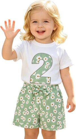 Ritatte Toddler Girl Birthday Outfit Daisy Embroidery Short Sleeve T-Shirt Bow Flower Shorts Set 2-7T Birthday Party Clothes in Kuwait