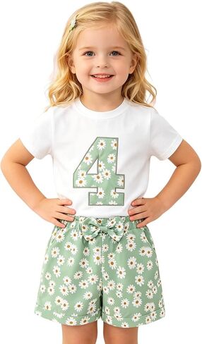 Ritatte Toddler Girl Birthday Outfit Daisy Embroidery Short Sleeve T-Shirt Bow Flower Shorts Set 2-7T Birthday Party Clothes in Saudi Arabia