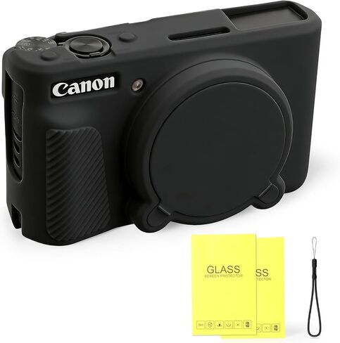 حافظة كاميرا من السيليكون لكاميرا Canon PowerShot SX740 / SX730 HS الرقمية، حافظة واقية من السيليكون الناعم، غطاء عدسة قابل للإزالة مع واقيين من الزجاج المقوى و1 × حزام معصم - أسود in Kuwait