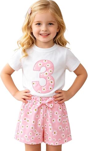 Ritatte Toddler Girl Birthday Outfit Daisy Embroidery Short Sleeve T-Shirt Bow Flower Shorts Set 2-7T Birthday Party Clothes in Saudi Arabia