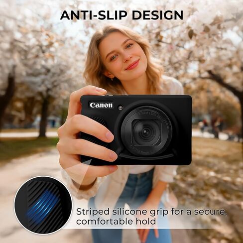 حافظة كاميرا من السيليكون لكاميرا Canon PowerShot SX740 / SX730 HS الرقمية، حافظة واقية من السيليكون الناعم، غطاء عدسة قابل للإزالة مع واقيين من الزجاج المقوى و1 × حزام معصم - أسود in Kuwait