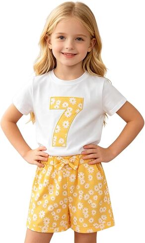 Ritatte Toddler Girl Birthday Outfit Daisy Embroidery Short Sleeve T-Shirt Bow Flower Shorts Set 2-7T Birthday Party Clothes in Saudi Arabia