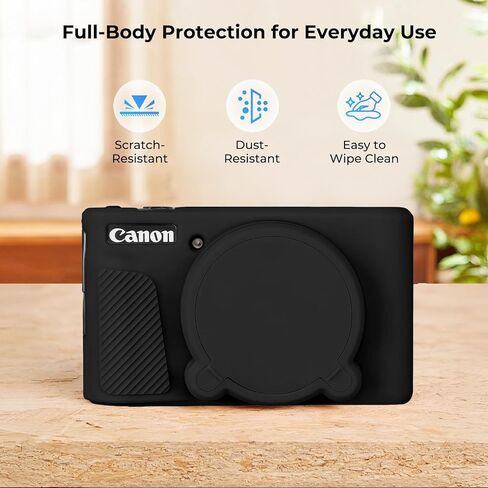 حافظة كاميرا من السيليكون لكاميرا Canon PowerShot SX740 / SX730 HS الرقمية، حافظة واقية من السيليكون الناعم، غطاء عدسة قابل للإزالة مع واقيين من الزجاج المقوى و1 × حزام معصم - أسود in Kuwait