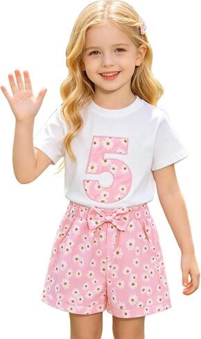Ritatte Toddler Girl Birthday Outfit Daisy Embroidery Short Sleeve T-Shirt Bow Flower Shorts Set 2-7T Birthday Party Clothes in Saudi Arabia