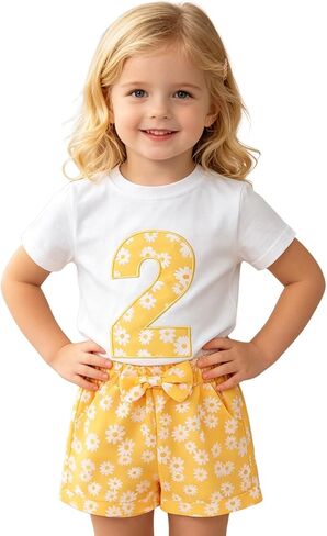 Ritatte Toddler Girl Birthday Outfit Daisy Embroidery Short Sleeve T-Shirt Bow Flower Shorts Set 2-7T Birthday Party Clothes in Saudi Arabia