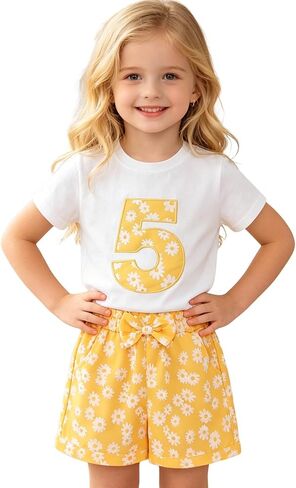Ritatte Toddler Girl Birthday Outfit Daisy Embroidery Short Sleeve T-Shirt Bow Flower Shorts Set 2-7T Birthday Party Clothes in Saudi Arabia