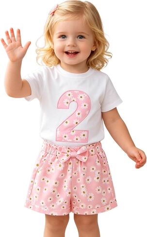 Ritatte Toddler Girl Birthday Outfit Daisy Embroidery Short Sleeve T-Shirt Bow Flower Shorts Set 2-7T Birthday Party Clothes in Saudi Arabia
