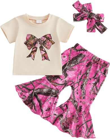 ​Toddler Baby Girl Summer Clothes Camouflage Bow Print T Shirt Pink Camo Jungle Flared Pants Headband Bell Bottoms in Saudi Arabia