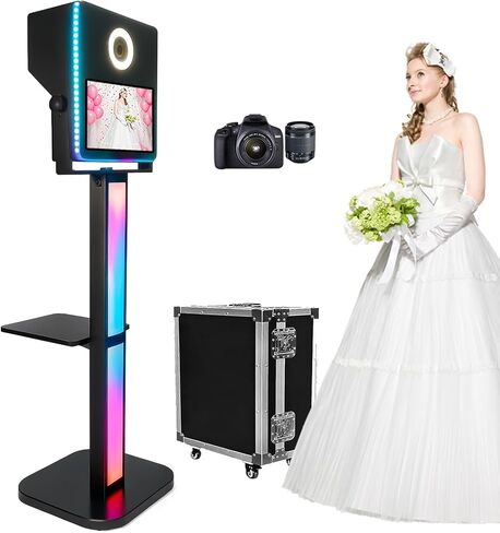 Photo Booth with Printer and Camera, Mirror Photo Booth 15.6 inch Touch Screen Selfie Photobooth Machine RGB Lights for Wedding School Birthday Party Events Rental (White Color Full Set) in Saudi Arabia