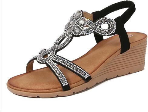 QUCH Women's Summer Wedge Sandals Boho Rhinestone Wedges Arch Support Beach Sandals Casual Vacation Footwear in Kuwait